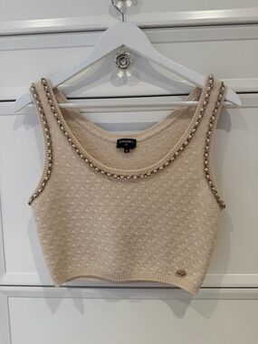 ⭐️ Worn Once Chanel Beige Tweed Trim Crop Tank Top ⭐️